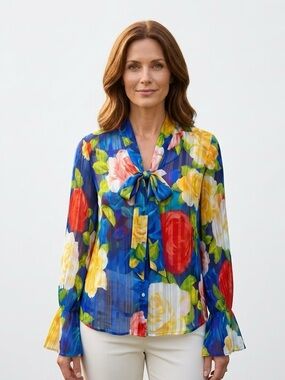 The Moon Floral Bell Sleeve Tie Neck Colorful‎ Semi -Sheer Blouse S Blue Multi